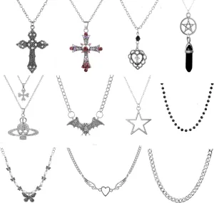 11Pcs Punk Vintage Necklace Set Goth Grunge Saturn Star Indie Butterfly Boho Crystal Y2k Cross Pendent Heart Wing Statement Choker for Women Men