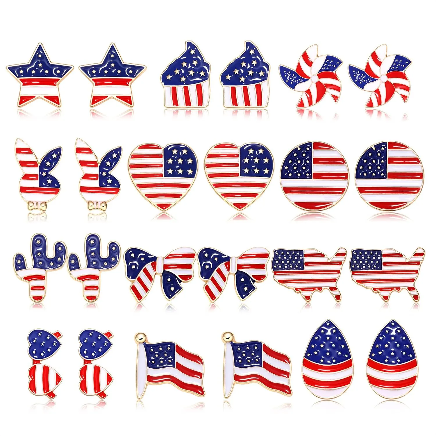 12 Pairs American Flag Stud Earrings 4th of July Patriotic Cactus Heart Stars Earrings Independence Day Jewelry Gifts for Women