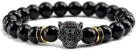 12 Style Bracelet Men Black Lava Healing Balance Beads Reiki Buddha Prayer Natural Stone Yoga Bracelet For Women Leopard Head BR2G8 (Light-G Black 2)