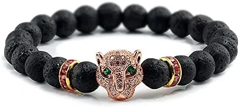 12 Style Bracelet Men Black Lava Healing Balance Beads Reiki Buddha Prayer Natural Stone Yoga Bracelet For Women Leopard Head BR2G8 (Rose color style 2)