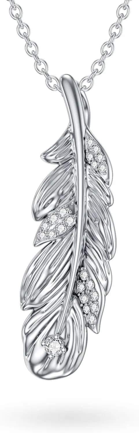 1/20 Carat Diamond Feather Necklace for Women 925 Sterling Silver Diamonds Feather Pendant Necklaces 18K White Gold Plated Fine Jewelry