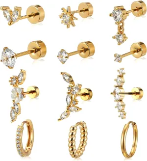 12Pcs Gold Cartilage Earring Stainless Steel Helix Stud Earrings Flat Back Tragus Piercing Jewelry