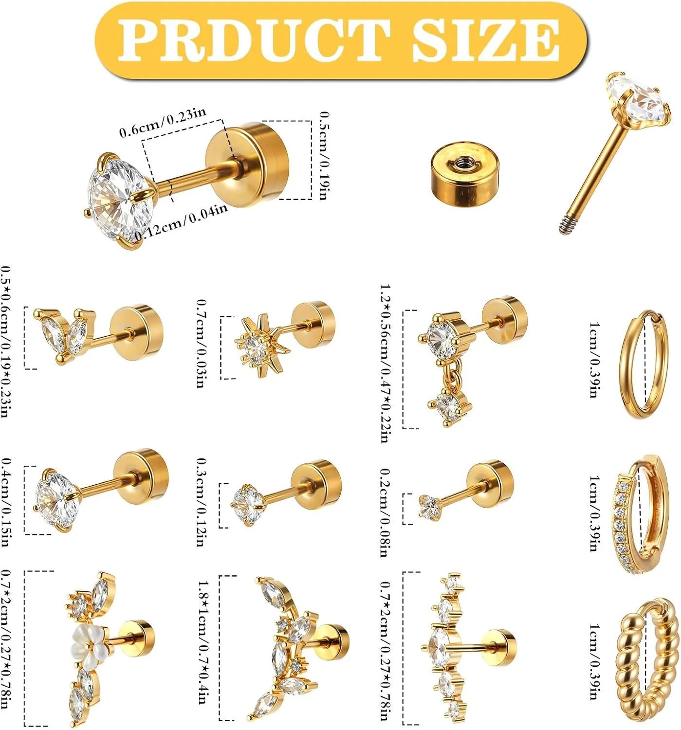 12Pcs Gold Cartilage Earring Stainless Steel Helix Stud Earrings Flat Back Tragus Piercing Jewelry