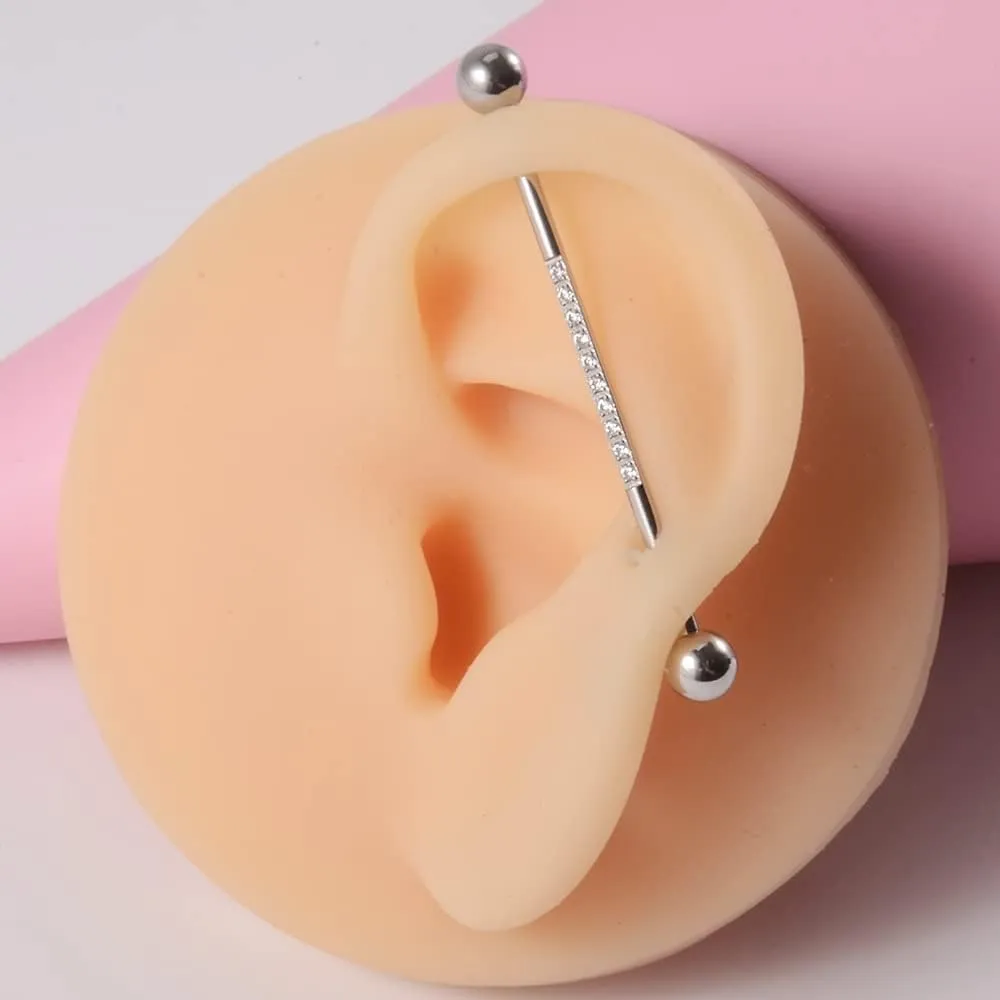 14G CZ Industrial Barbell Earrings for Women Men Surgical Steel Cubic Zircon Industrial Bar Long Cartilage Helix Piercing Barbell Earrings Industrial Piercing Jewelry