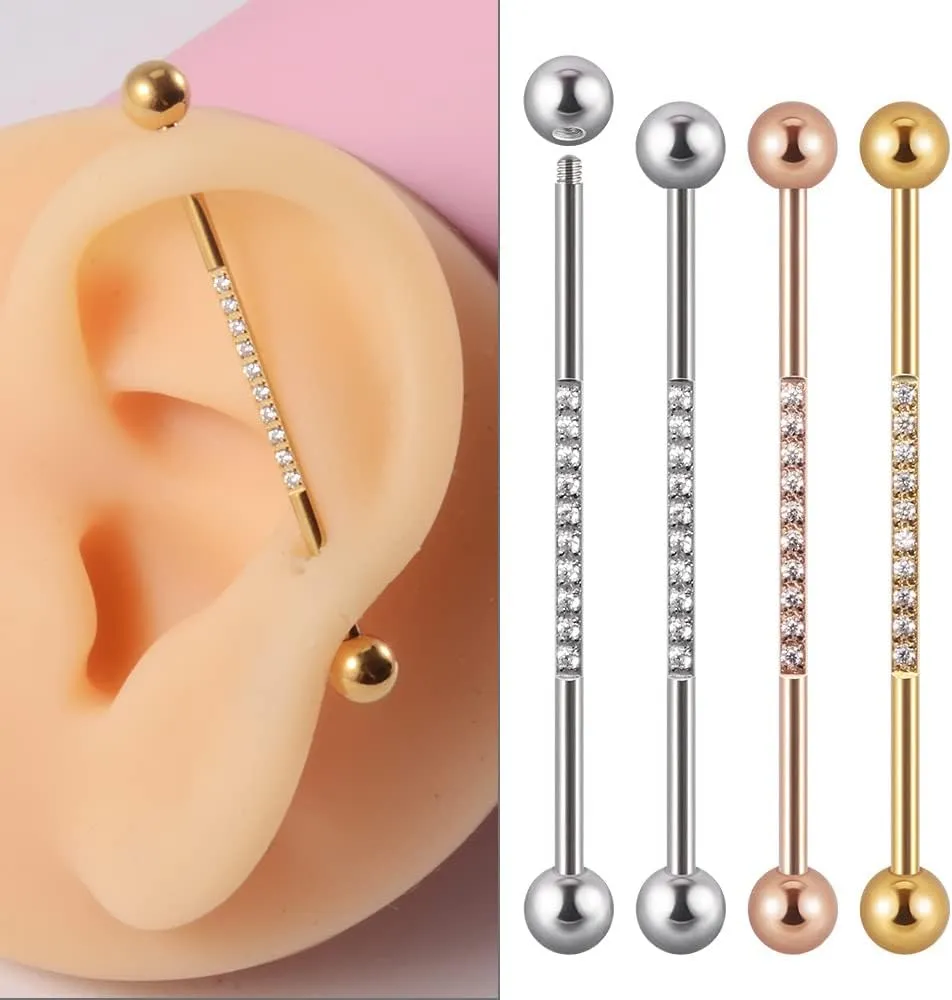 14G CZ Industrial Barbell Earrings for Women Men Surgical Steel Cubic Zircon Industrial Bar Long Cartilage Helix Piercing Barbell Earrings Industrial Piercing Jewelry