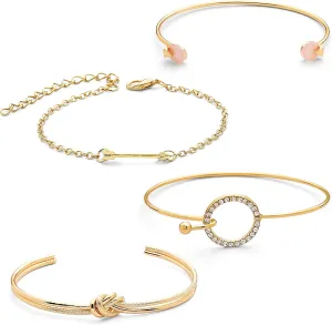 14K Gold and Silver Plated Layered Bracelet Sets, 4 Pieces, Adjustable Layered Link Bracelets Sets, Stainless Steel, no gemstone