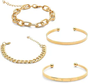 14K Gold and Silver Plated Layered Bracelet Sets, 4 Pieces, Adjustable Layered Link Bracelets Sets, Stainless Steel, no gemstone