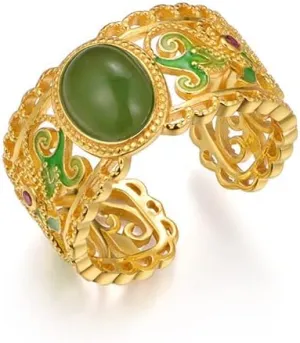 14K Gold Over S925 Sterling Silver Hetian Jade Ynwi Open Rings, Chinese New Year Blessings, Ethnic Style Hand Ornament