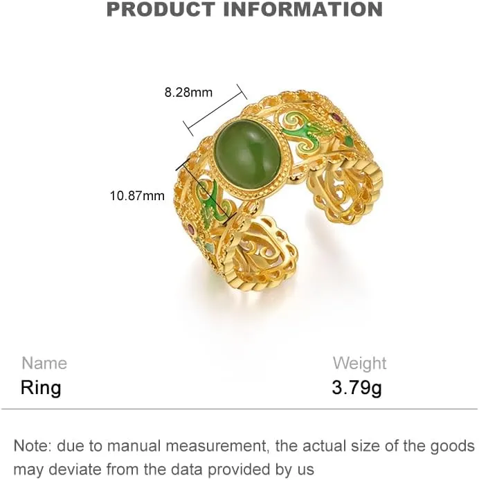 14K Gold Over S925 Sterling Silver Hetian Jade Ynwi Open Rings, Chinese New Year Blessings, Ethnic Style Hand Ornament