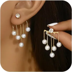 14K Gold Pearl Dangle Chandelier Earrings for Women Trendy Wedding Bridal Prom Front Back Tassel Earring Charm Crystal Fringe Jewelry Accessories