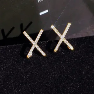 14K Gold Plated CZ Simulated Diamond X Stud Earrings Exquisite White Cubic Zirconia Criss Cross Cuff Alphabet Letter Earrings