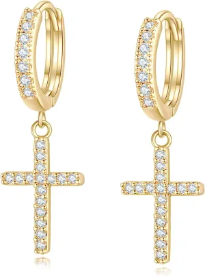 14K Gold Plated Drop Dangle Cross Hoop Earrings Trendy Gold Cross Earrings for Women Small CZ Huggie Hoops Dangling Diamond Cross Earrings for Men Hypoallergenic Lightweight
