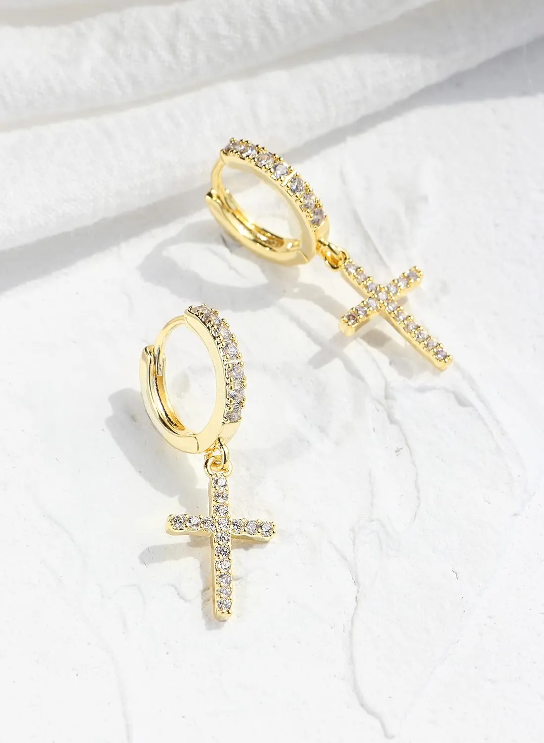 14K Gold Plated Drop Dangle Cross Hoop Earrings Trendy Gold Cross Earrings for Women Small CZ Huggie Hoops Dangling Diamond Cross Earrings for Men Hypoallergenic Lightweight