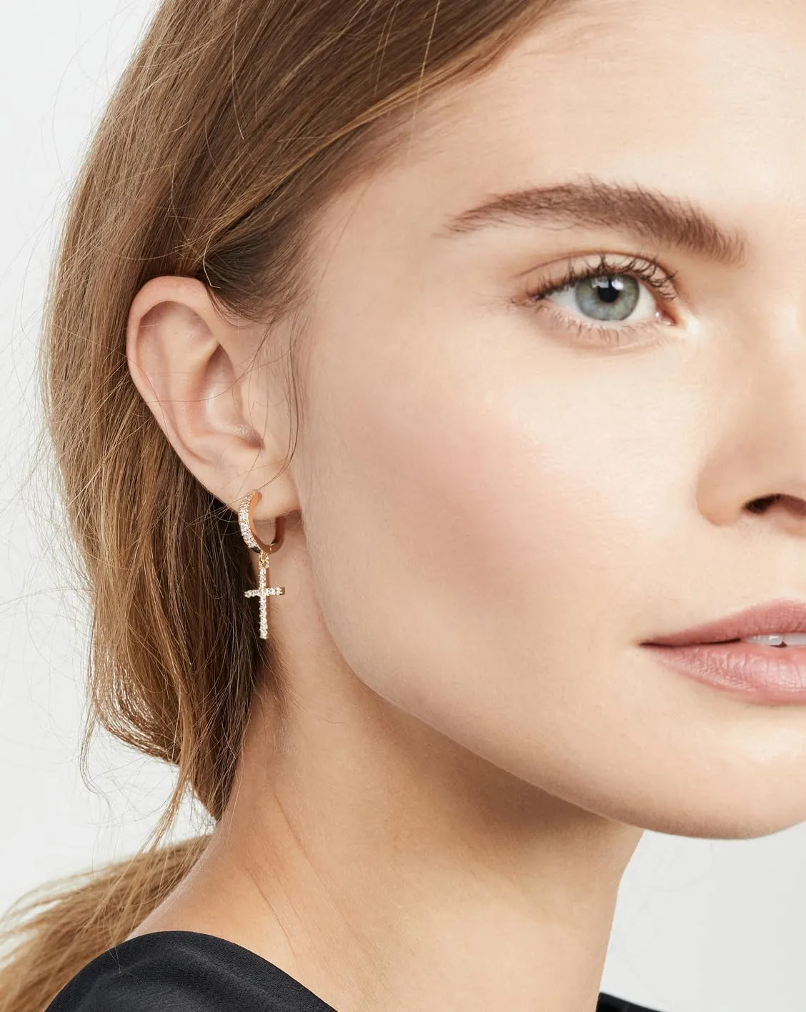 14K Gold Plated Drop Dangle Cross Hoop Earrings Trendy Gold Cross Earrings for Women Small CZ Huggie Hoops Dangling Diamond Cross Earrings for Men Hypoallergenic Lightweight