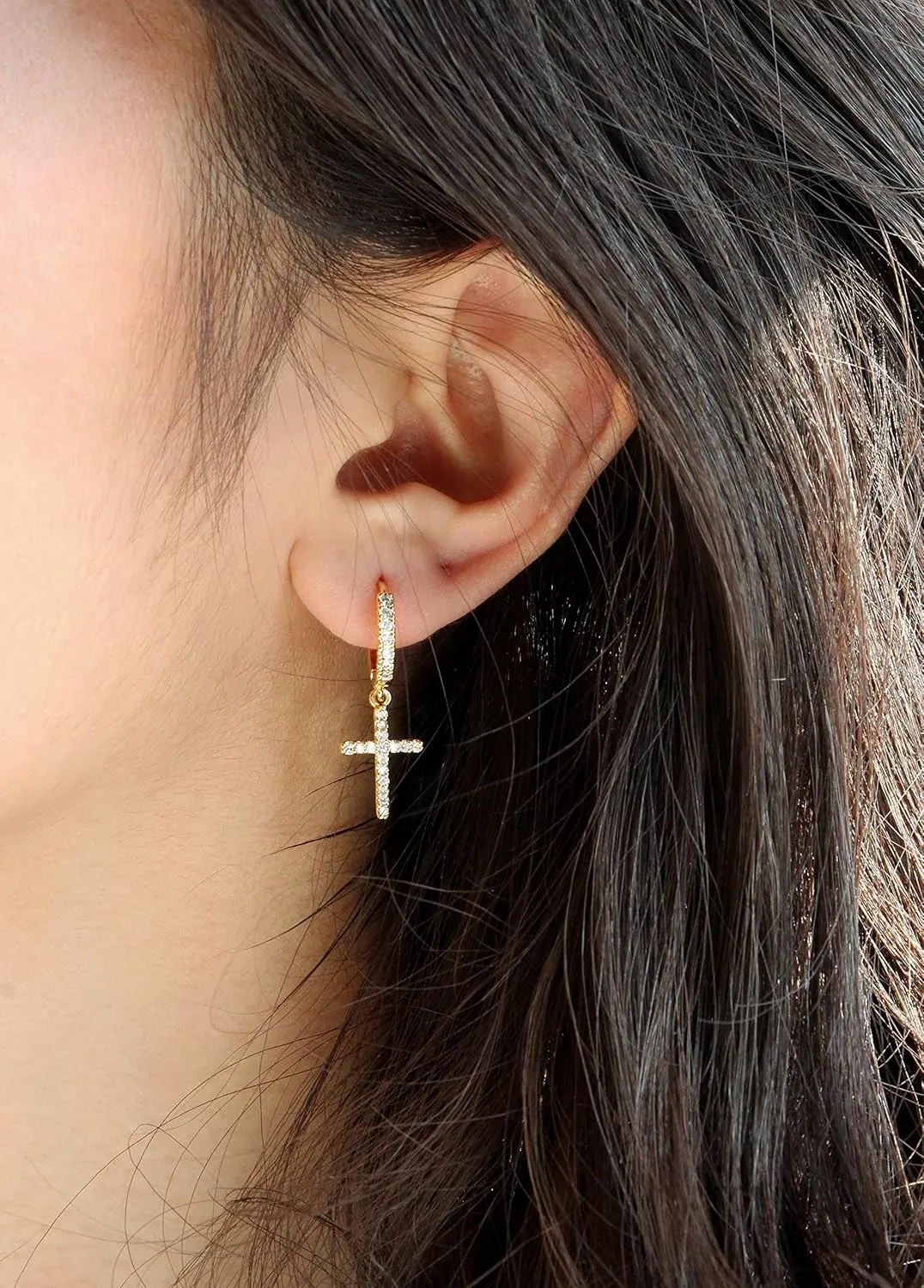 14K Gold Plated Drop Dangle Cross Hoop Earrings Trendy Gold Cross Earrings for Women Small CZ Huggie Hoops Dangling Diamond Cross Earrings for Men Hypoallergenic Lightweight