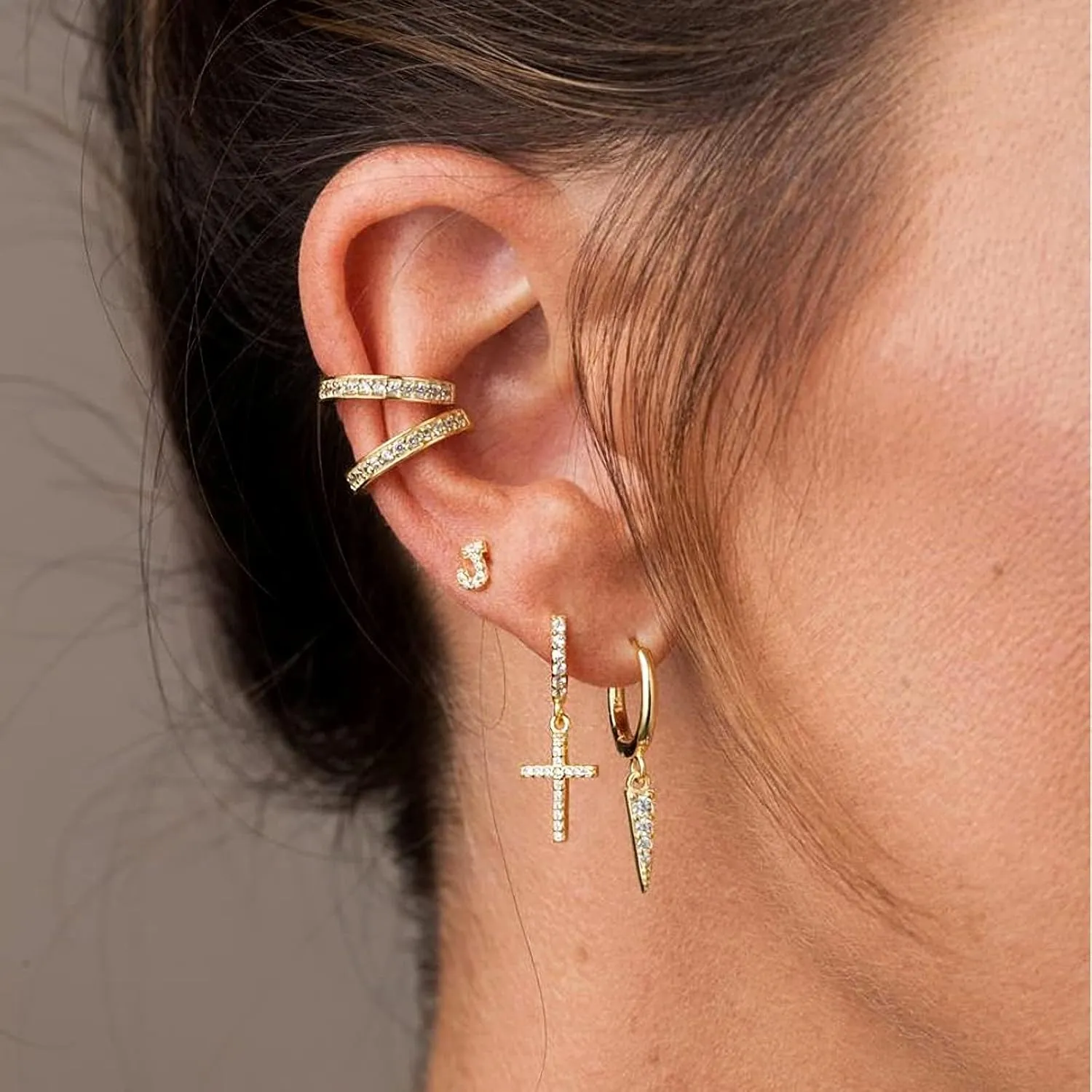 14K Gold Plated Drop Dangle Cross Hoop Earrings Trendy Gold Cross Earrings for Women Small CZ Huggie Hoops Dangling Diamond Cross Earrings for Men Hypoallergenic Lightweight