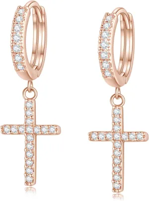 14K Gold Plated Drop Dangle Cross Hoop Earrings Trendy Gold Cross Earrings for Women Small CZ Huggie Hoops Dangling Diamond Cross Earrings for Men Hypoallergenic Lightweight