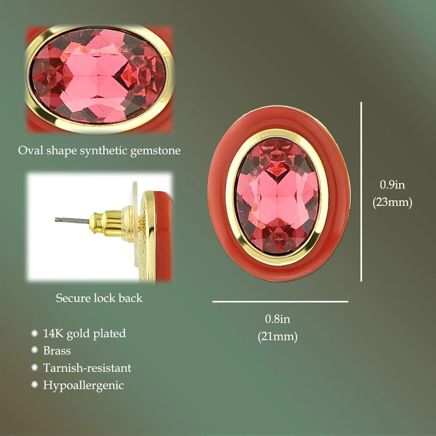 14K Gold Plated Resin Earrings 23mm - Retro Stud Earrings, Large Vintage Earrings for Women, Gift for Mom