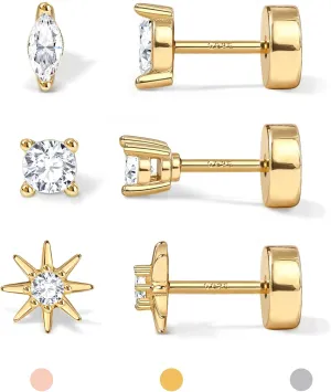 14K Gold Plated Solid 925 Sterling Silver Post Flat Back Earrings Stud | Cartilage Helix Conch Tragus Piercing Jewelry 3 Pairs Tiny Screw Dainty CZ Opal Earring Set Men Women