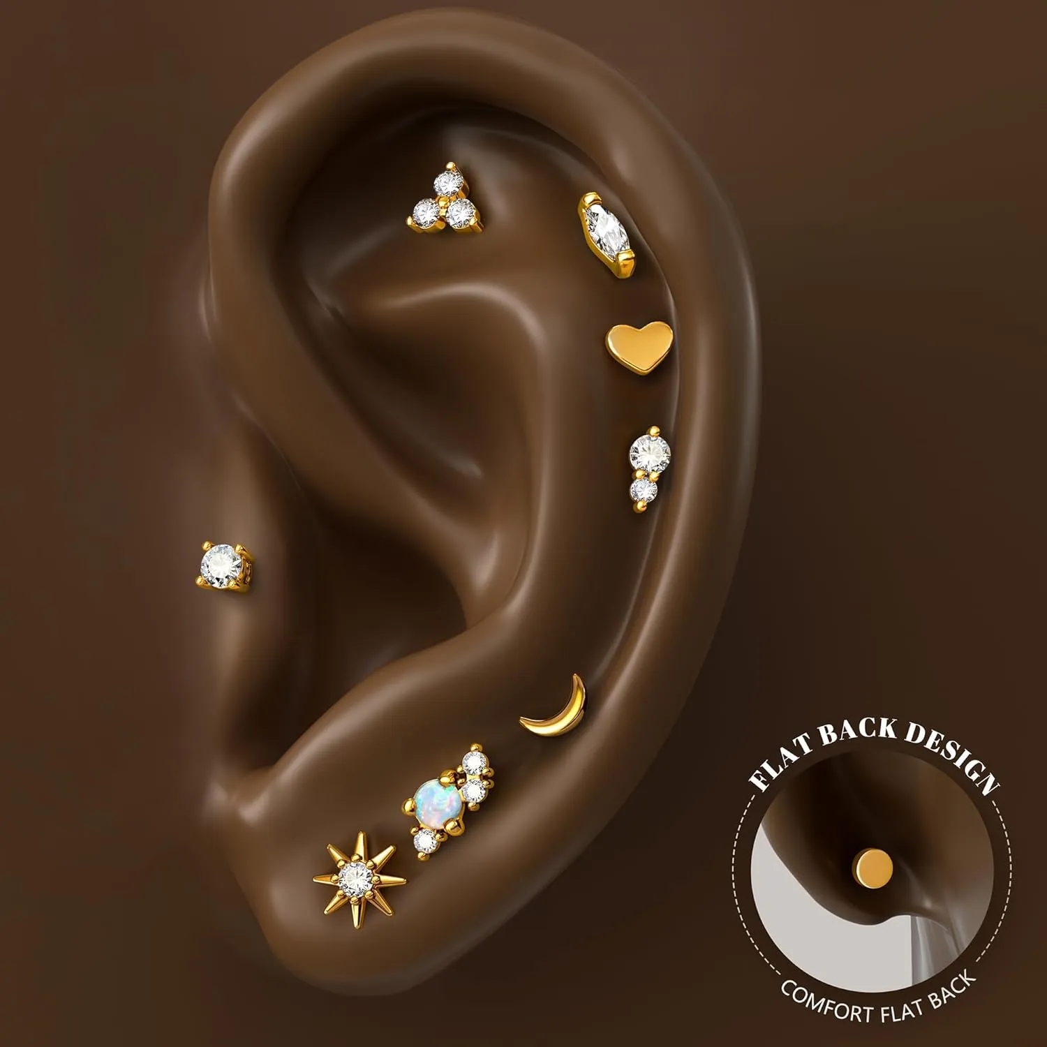 14K Gold Plated Solid 925 Sterling Silver Post Flat Back Earrings Stud | Cartilage Helix Conch Tragus Piercing Jewelry 3 Pairs Tiny Screw Dainty CZ Opal Earring Set Men Women