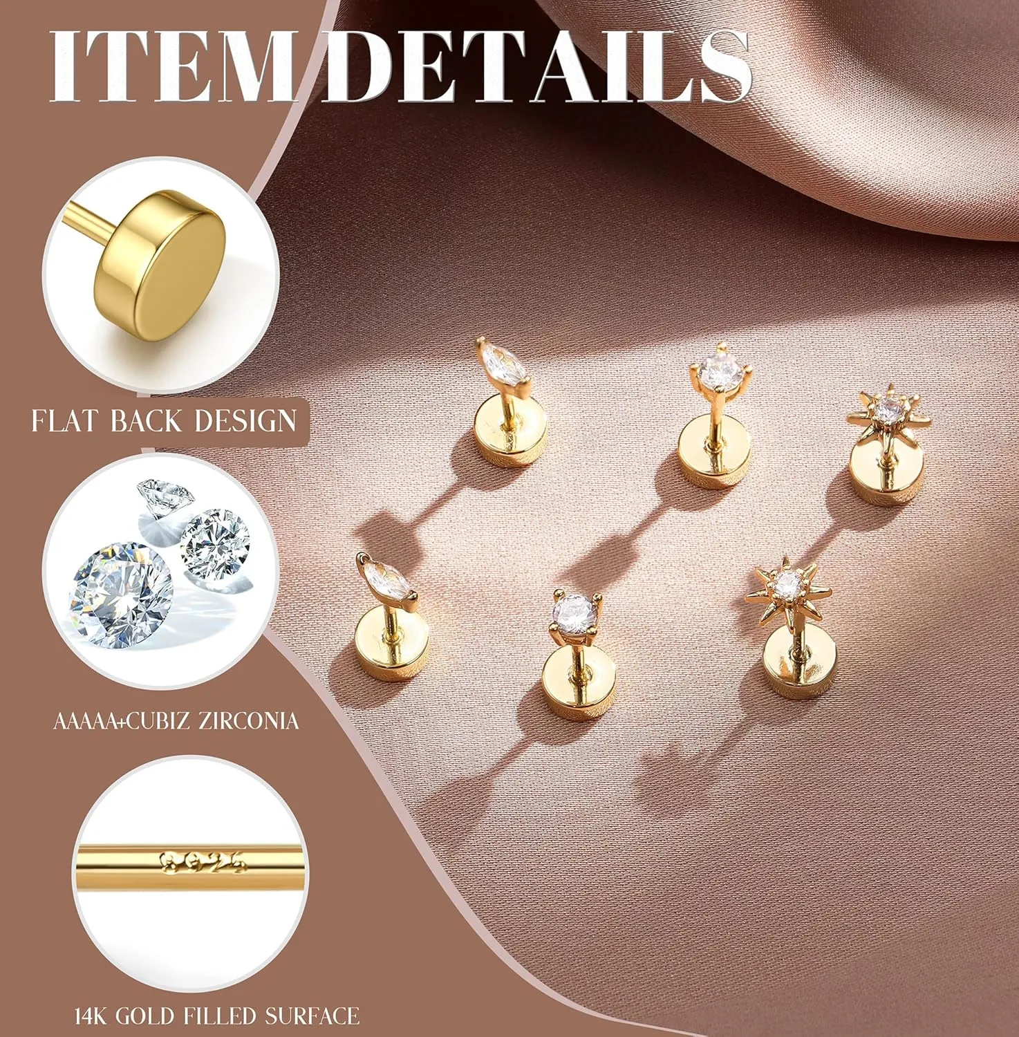 14K Gold Plated Solid 925 Sterling Silver Post Flat Back Earrings Stud | Cartilage Helix Conch Tragus Piercing Jewelry 3 Pairs Tiny Screw Dainty CZ Opal Earring Set Men Women