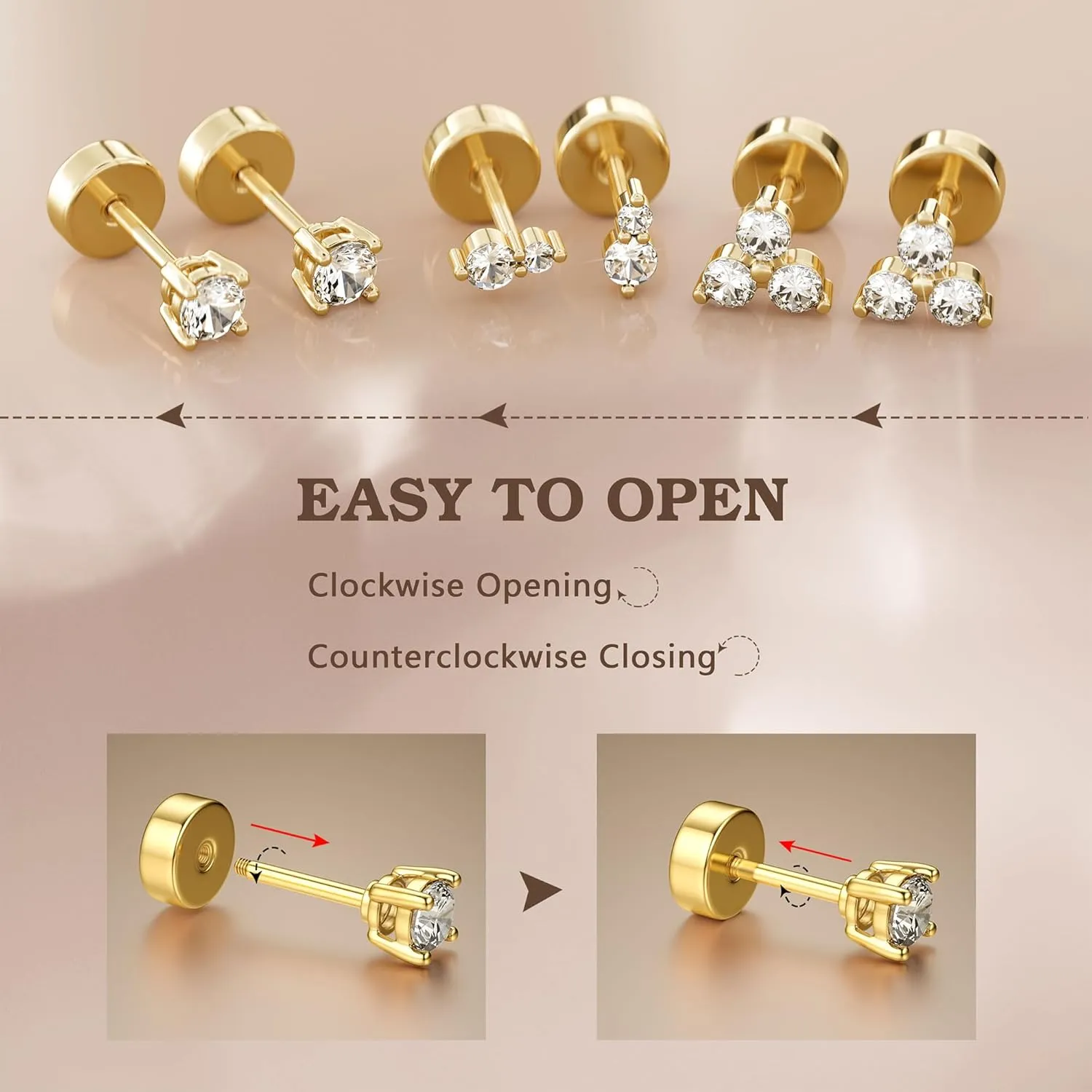 14K Gold Plated Solid 925 Sterling Silver Post Flat Back Earrings Stud | Cartilage Helix Conch Tragus Piercing Jewelry 3 Pairs Tiny Screw Dainty CZ Opal Earring Set Men Women
