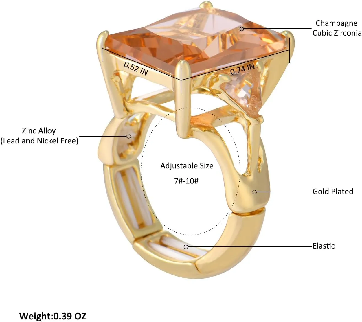 14K Gold Radiant Cut Cubic Zirconia Gemstone Chunky Adjustable Stretch Engagement Rings Jewelry for Women Formal Prom Cocktail Costume