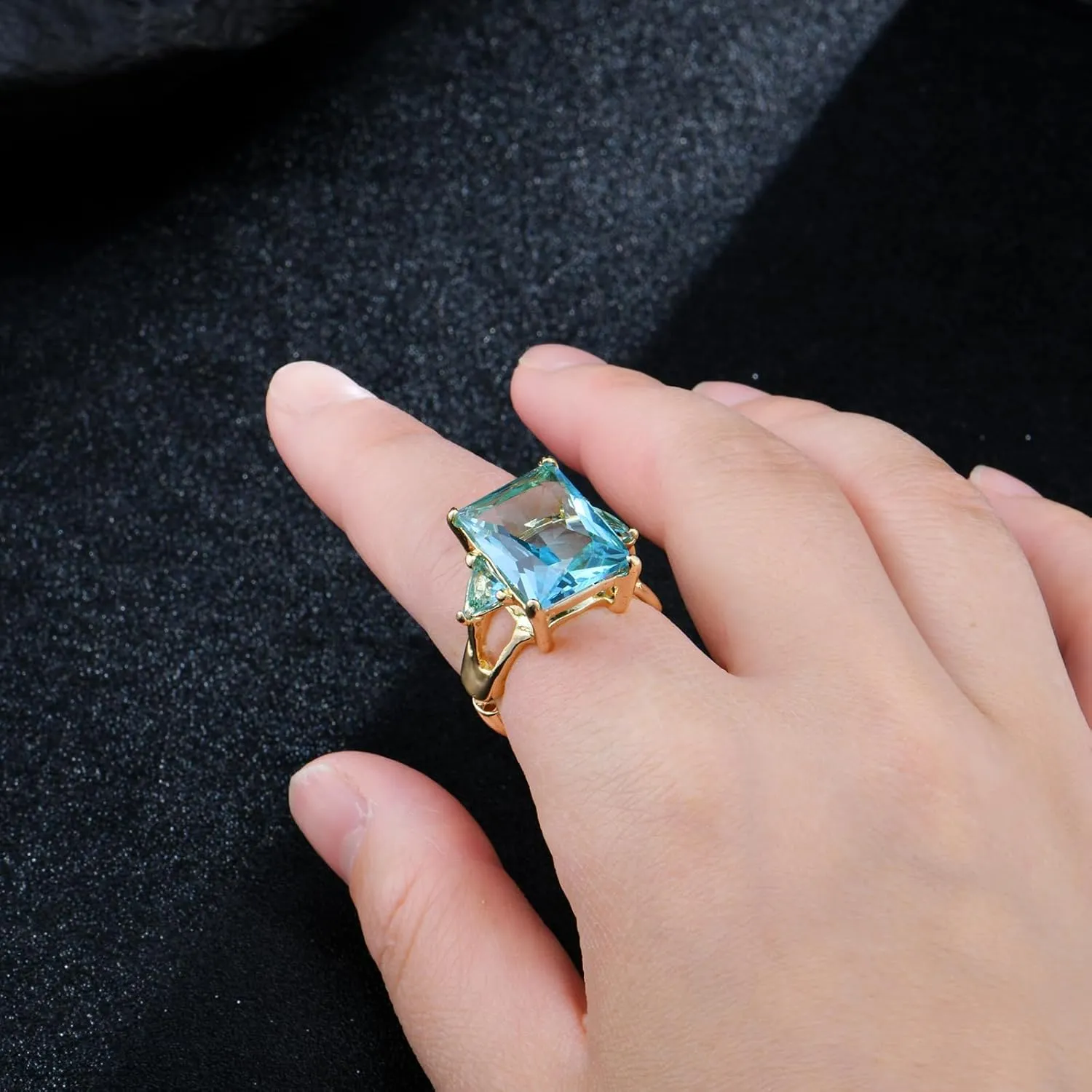 14K Gold Radiant Cut Cubic Zirconia Gemstone Chunky Adjustable Stretch Engagement Rings Jewelry for Women Formal Prom Cocktail Costume