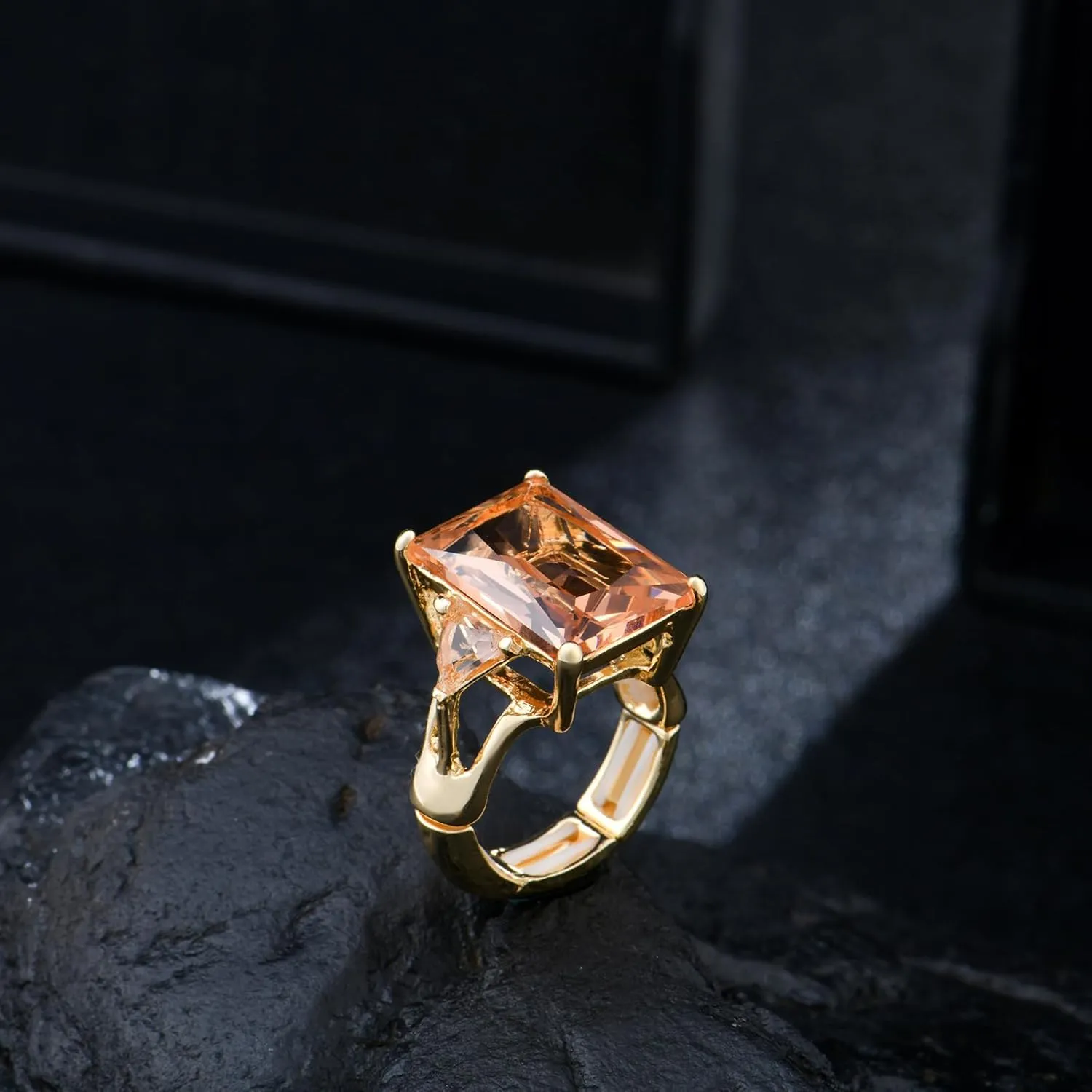 14K Gold Radiant Cut Cubic Zirconia Gemstone Chunky Adjustable Stretch Engagement Rings Jewelry for Women Formal Prom Cocktail Costume