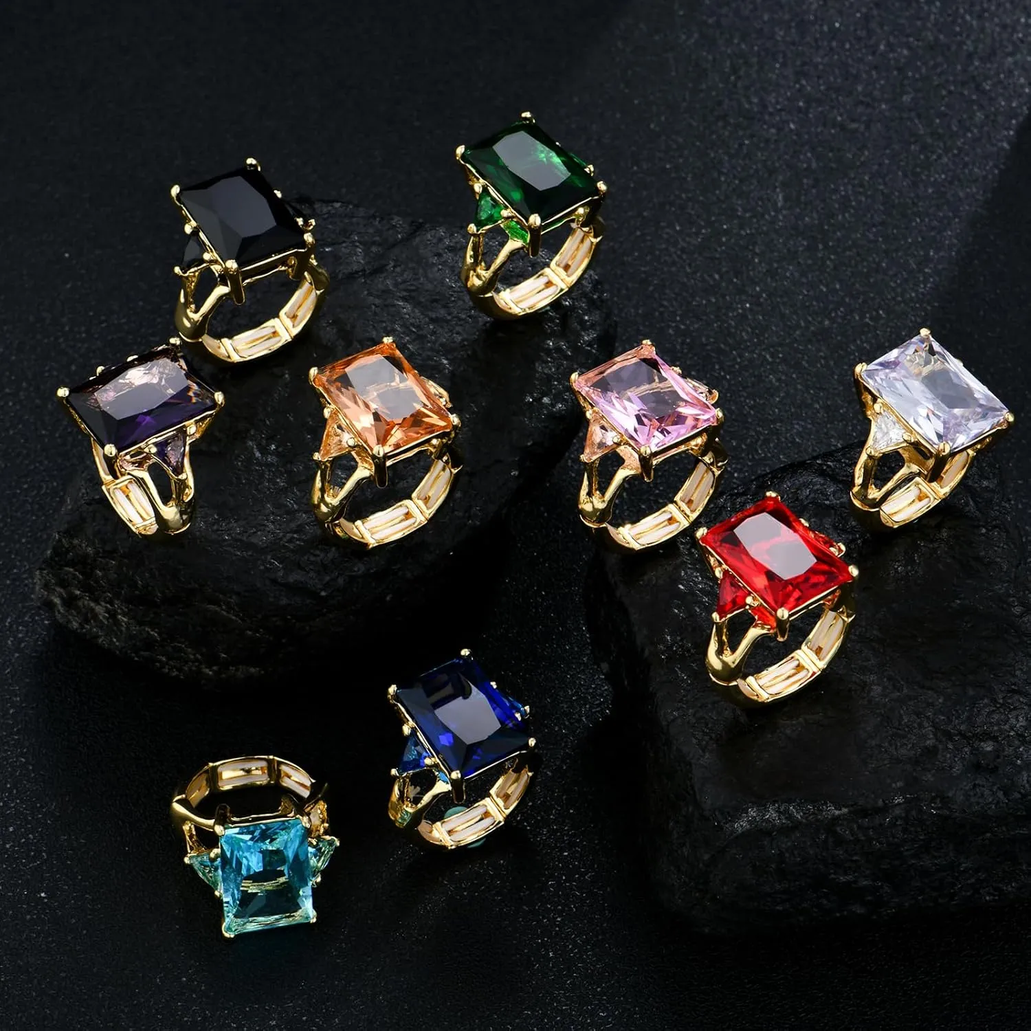 14K Gold Radiant Cut Cubic Zirconia Gemstone Chunky Adjustable Stretch Engagement Rings Jewelry for Women Formal Prom Cocktail Costume