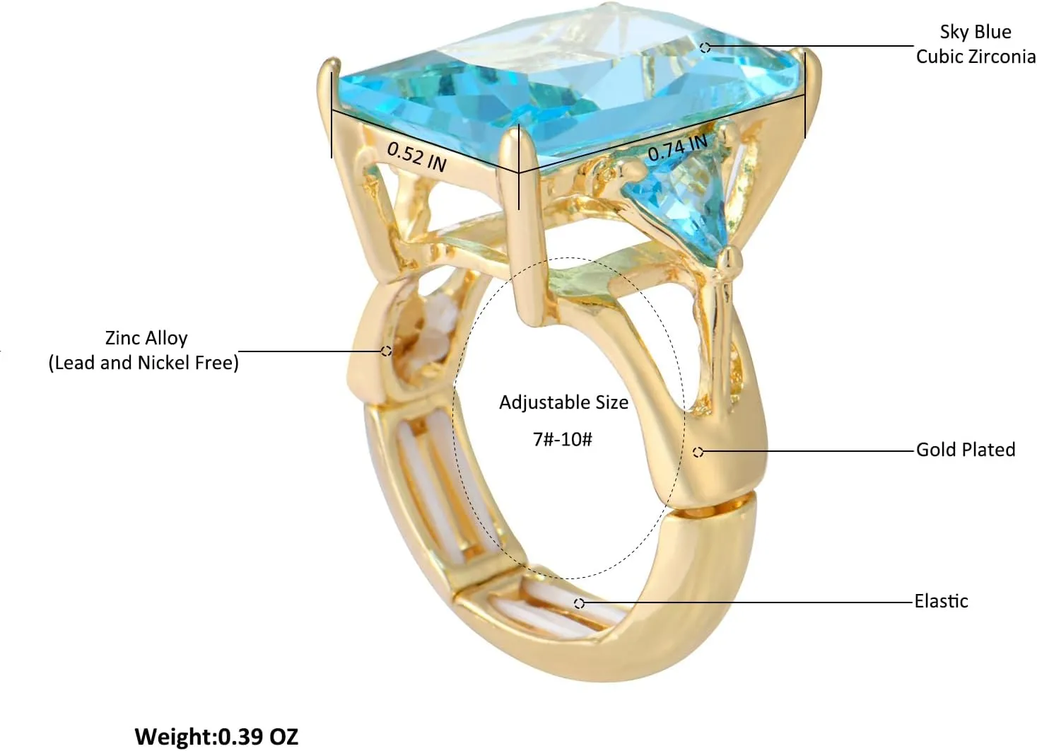 14K Gold Radiant Cut Cubic Zirconia Gemstone Chunky Adjustable Stretch Engagement Rings Jewelry for Women Formal Prom Cocktail Costume