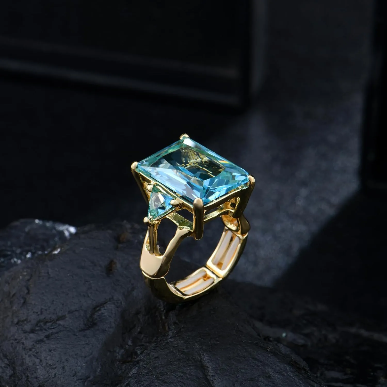 14K Gold Radiant Cut Cubic Zirconia Gemstone Chunky Adjustable Stretch Engagement Rings Jewelry for Women Formal Prom Cocktail Costume