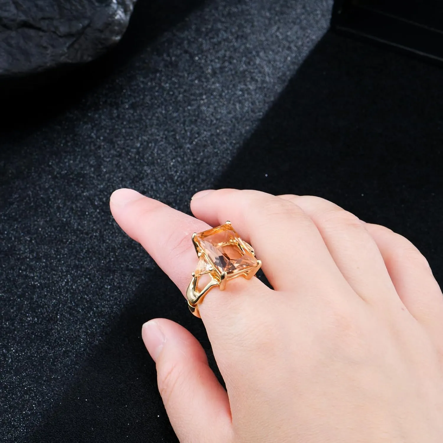 14K Gold Radiant Cut Cubic Zirconia Gemstone Chunky Adjustable Stretch Engagement Rings Jewelry for Women Formal Prom Cocktail Costume