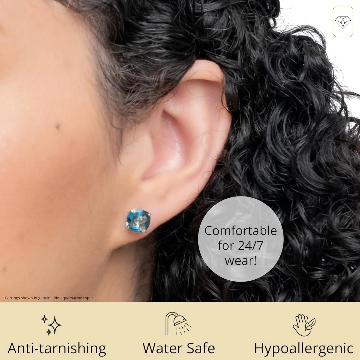 14k White or Yellow Gold 8mm Cushion-Cut December Birthstone Stud Earrings with Swiss Blue Topaz or London Blue Topaz, Anti-Tarnish Finish, jewelry Gift, Push Back Closure Studs for Women 8 mm Gemstone