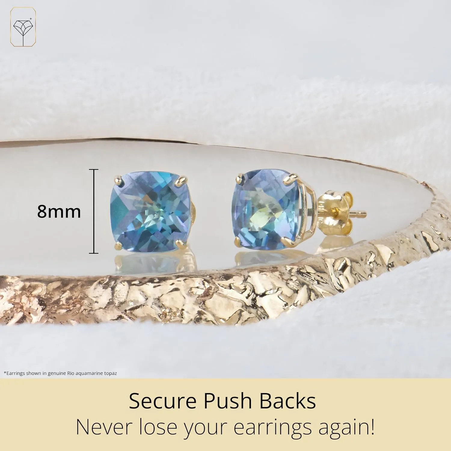 14k White or Yellow Gold 8mm Cushion-Cut December Birthstone Stud Earrings with Swiss Blue Topaz or London Blue Topaz, Anti-Tarnish Finish, jewelry Gift, Push Back Closure Studs for Women 8 mm Gemstone