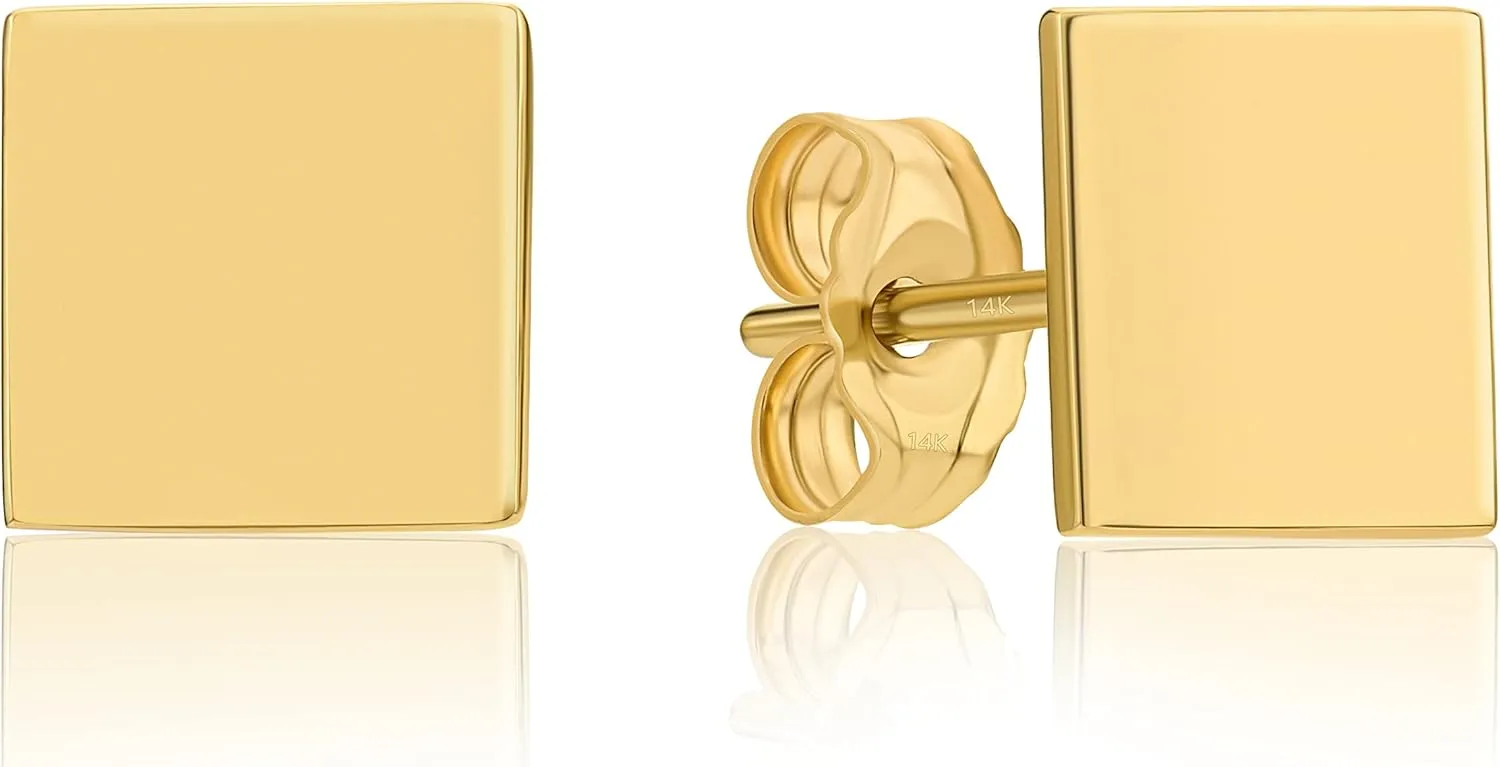 14K Yellow Gold Polished Plain Minimalist Square Dot Studs, Square Gold Earrings