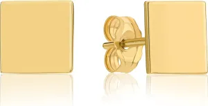14K Yellow Gold Polished Plain Minimalist Square Dot Studs, Square Gold Earrings