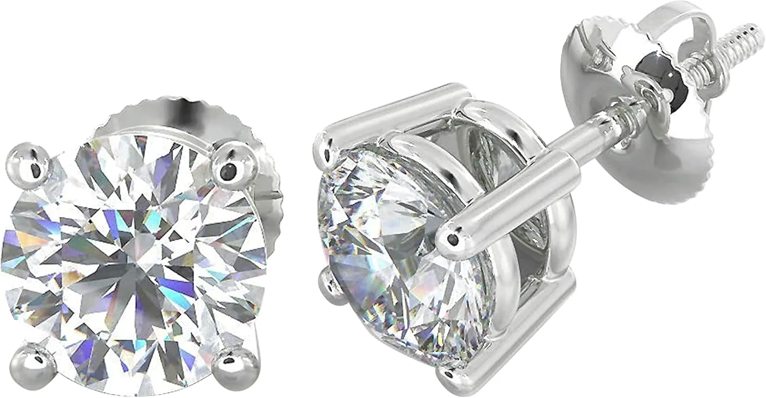 1/5 to 2 Carat TW Natural Real Diamond Solitaire Studs Earrings Available in 14K White and Yellow Gold with Secure Screw Back for Women and Men (Color J-K, Clarity I1-I2)
