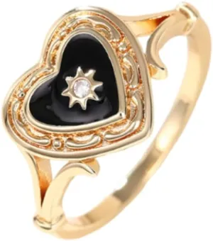 18 Gold Plated Obsidian Black Agate Dropped Gum Heart Luxury Ring Dark Gothic Black Enamel Heart Ring Dropped Oil Lightweight Luxury Couple Ring