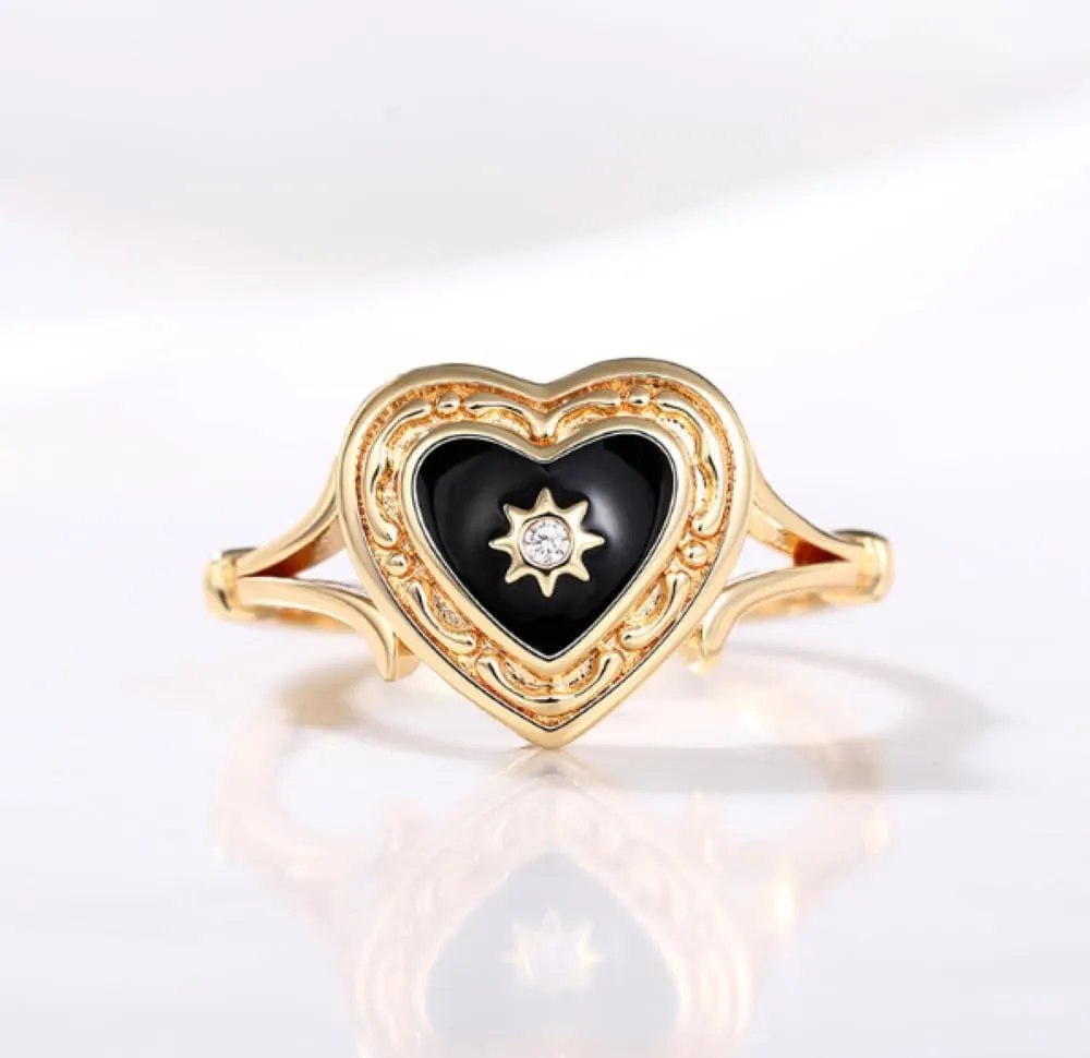 18 Gold Plated Obsidian Black Agate Dropped Gum Heart Luxury Ring Dark Gothic Black Enamel Heart Ring Dropped Oil Lightweight Luxury Couple Ring