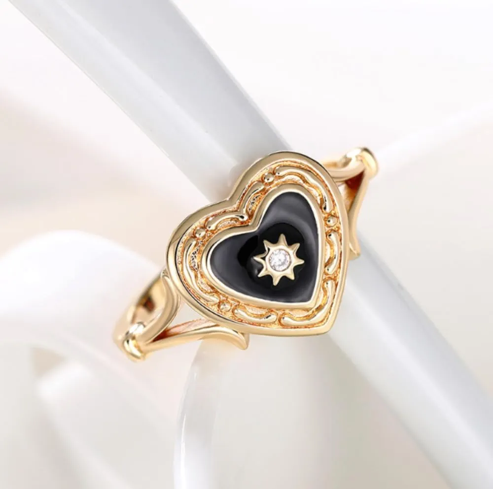 18 Gold Plated Obsidian Black Agate Dropped Gum Heart Luxury Ring Dark Gothic Black Enamel Heart Ring Dropped Oil Lightweight Luxury Couple Ring
