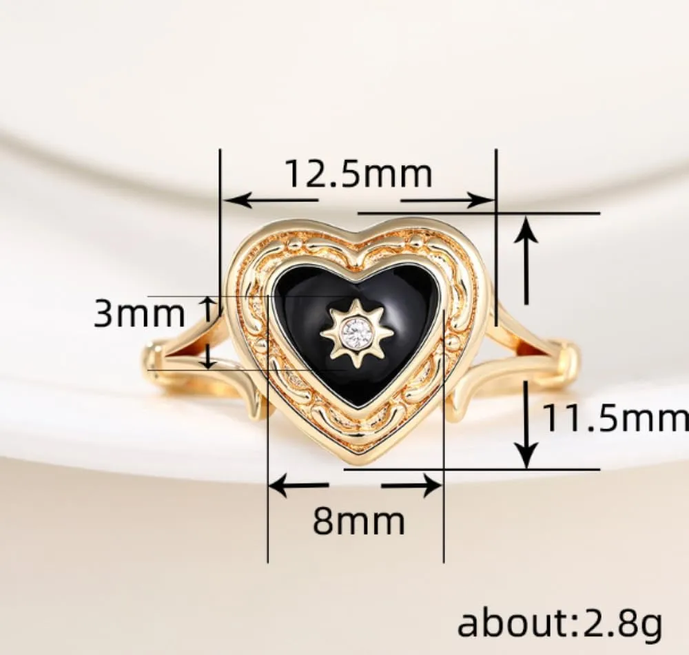 18 Gold Plated Obsidian Black Agate Dropped Gum Heart Luxury Ring Dark Gothic Black Enamel Heart Ring Dropped Oil Lightweight Luxury Couple Ring