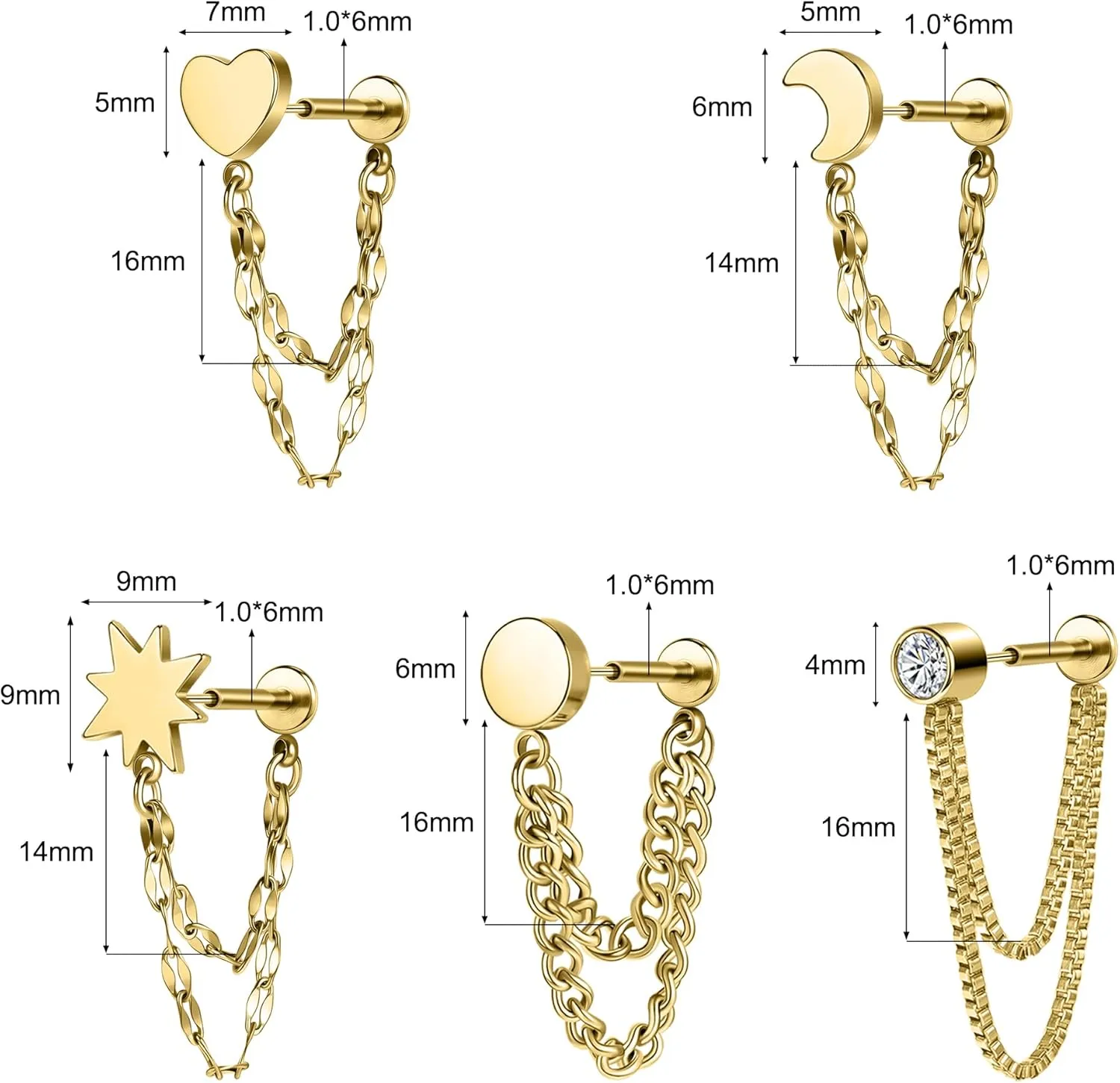 18G Flat Back Stud Earrings Push In Cartilage Studs Chain Earring for Women Surgical Steel Hypoallergenic Threadless Tragus Earrings Piercing Jewelry