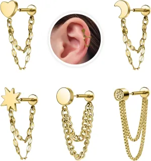 18G Flat Back Stud Earrings Push In Cartilage Studs Chain Earring for Women Surgical Steel Hypoallergenic Threadless Tragus Earrings Piercing Jewelry
