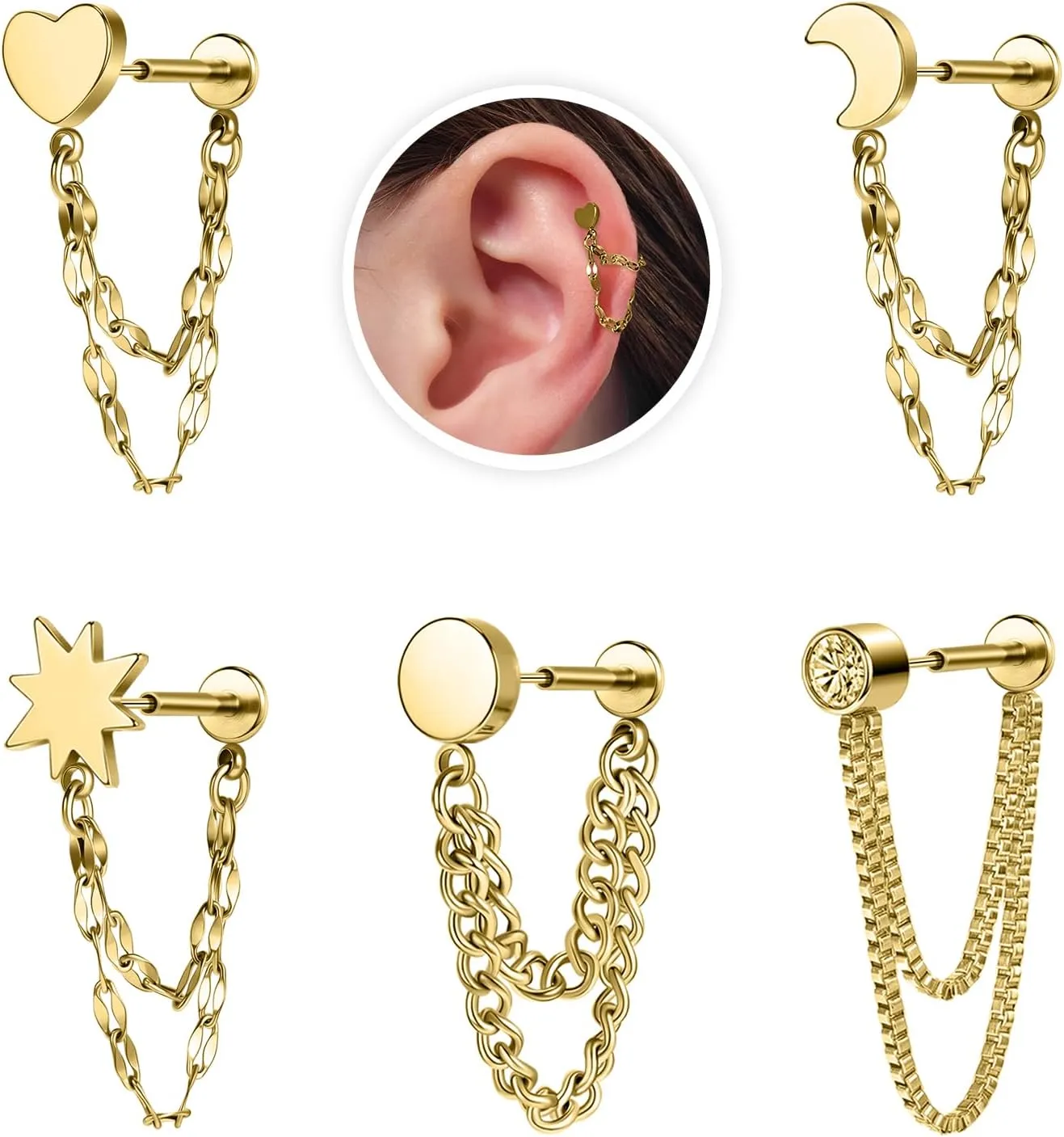 18G Flat Back Stud Earrings Push In Cartilage Studs Chain Earring for Women Surgical Steel Hypoallergenic Threadless Tragus Earrings Piercing Jewelry