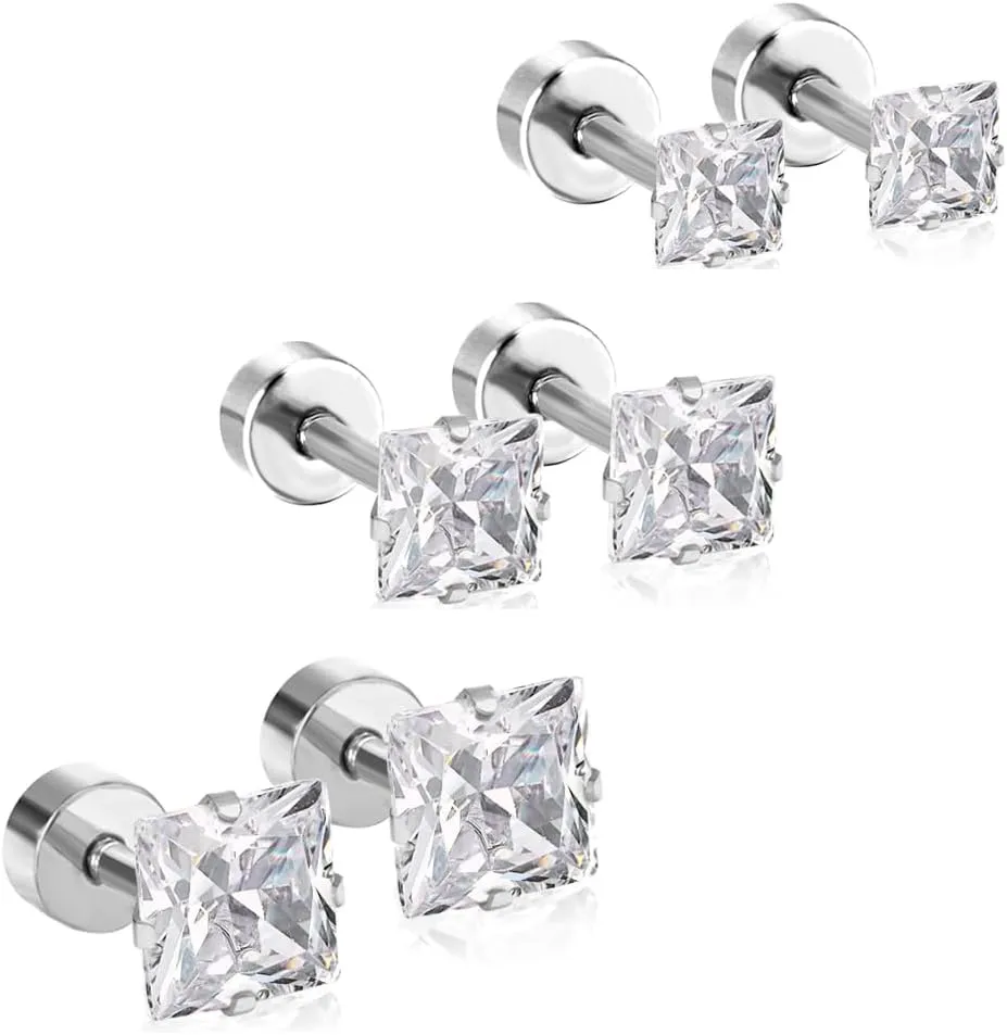 18G Princess Cut Clear Cubic Zirconia Cartilage Small Stud Earrings for Men Women Square Barbell Tragus Helix Screw Sleeper Surgical Steel Flat Back Piercing Studs Hypoallergenic 3 Pairs 3-5mm