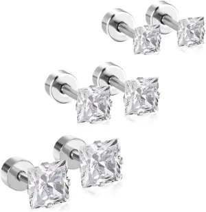 18G Princess Cut Clear Cubic Zirconia Cartilage Small Stud Earrings for Men Women Square Barbell Tragus Helix Screw Sleeper Surgical Steel Flat Back Piercing Studs Hypoallergenic 3 Pairs 3-5mm