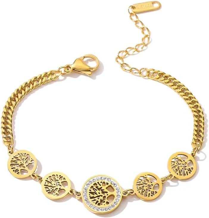 18K Gold Plated 316L Stainless Steel Jewelry Vintage Life Tree Charm Bracelets For Women