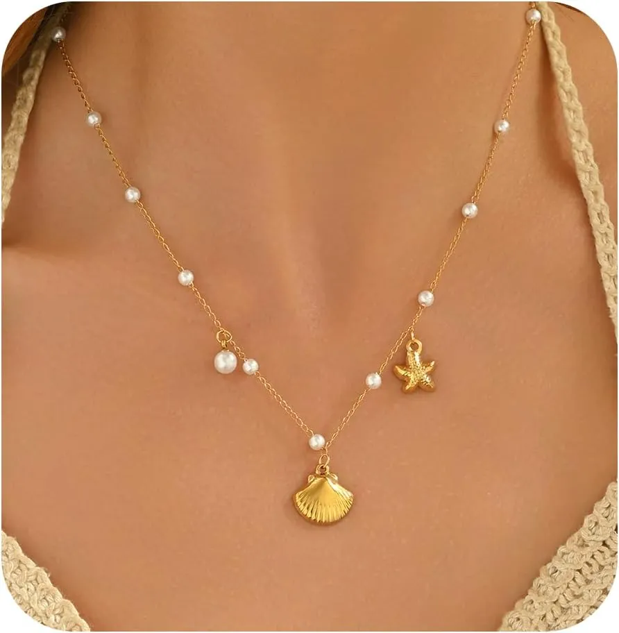 18K Gold Plated Charm Necklace for Women Trendy Coin Sun Shell Starfish Seashell Sea Turtle Seahorse Ocean Series Pearl Pendant Necklaces Boho Summer Beach Jewelry