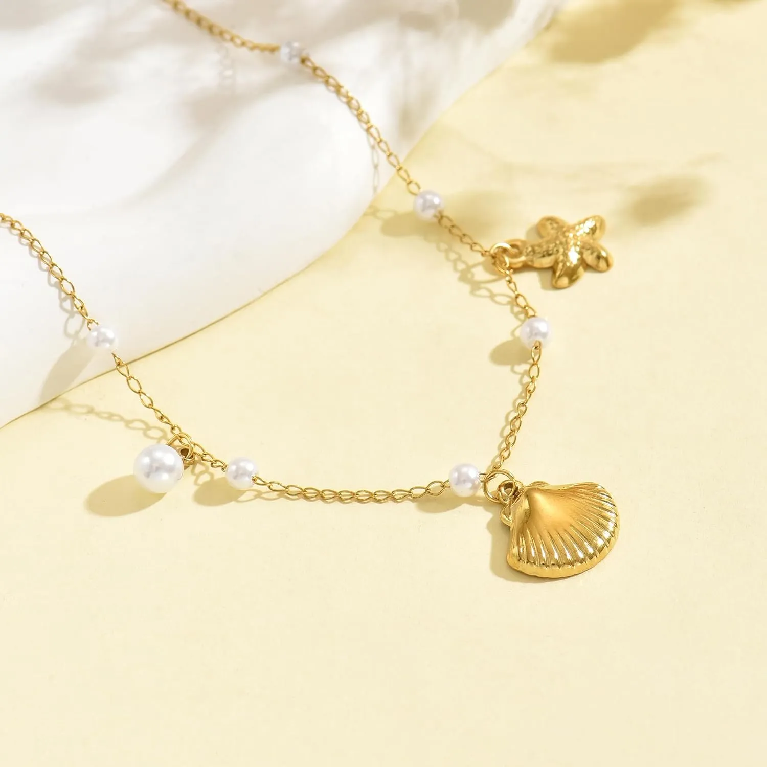 18K Gold Plated Charm Necklace for Women Trendy Coin Sun Shell Starfish Seashell Sea Turtle Seahorse Ocean Series Pearl Pendant Necklaces Boho Summer Beach Jewelry